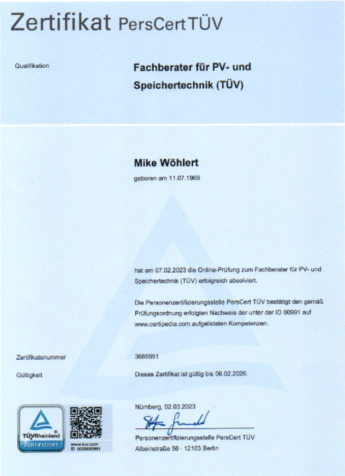 TÜV PersCert Zertifikat — Fachberater für PV- und Speichertechnik